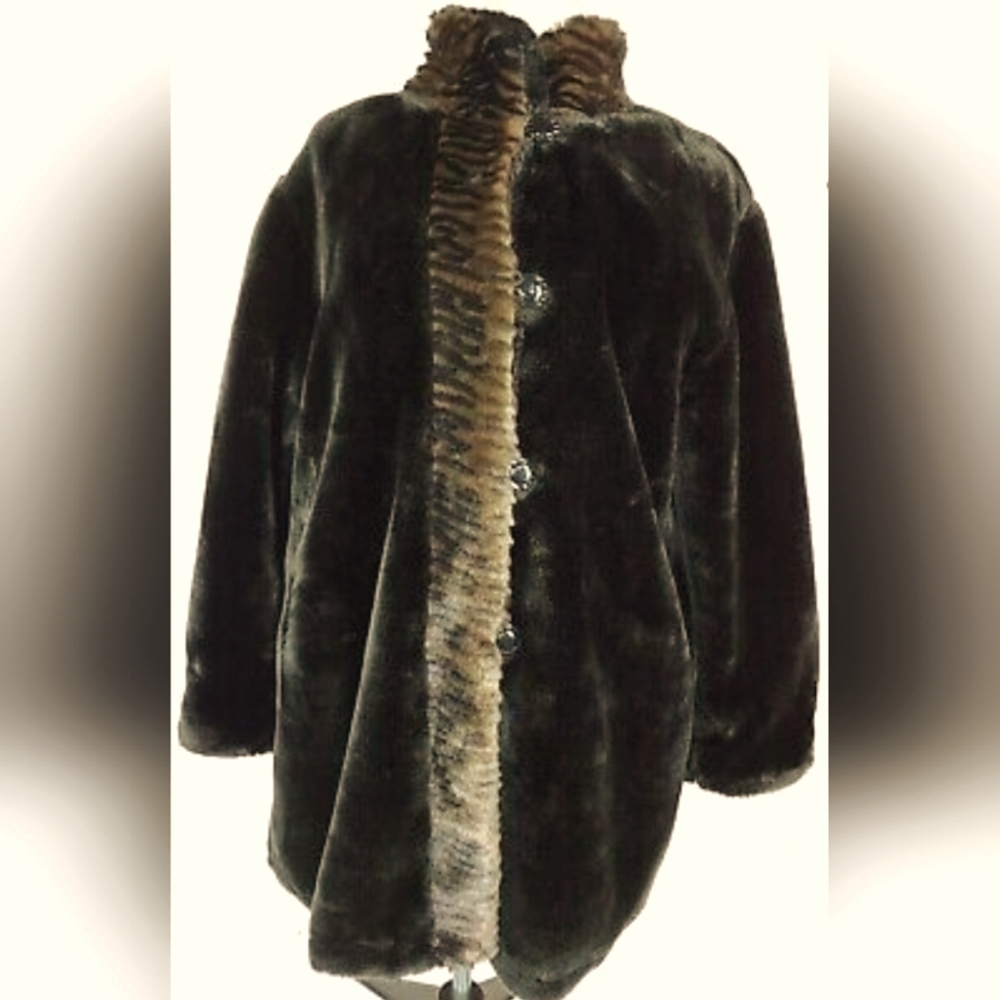 NWT Outbrook Black Faux Fur Pile Reversible Button Front Pea Coat Jacket L